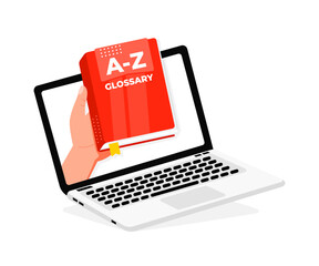 Hand holding glossary book coming out of laptop screen