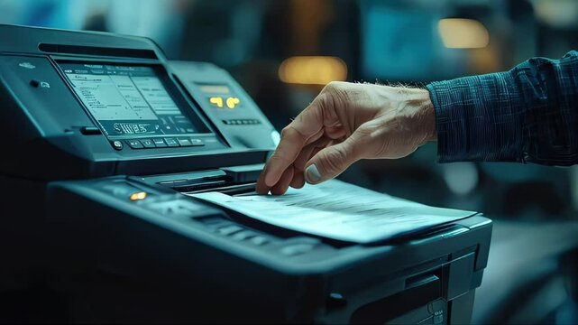 Hand operating a high-tech printer in an office setting, focused on document processing