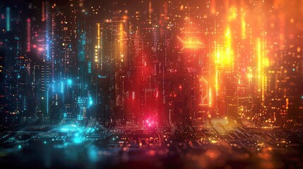 Abstract digital city with glowing lights.