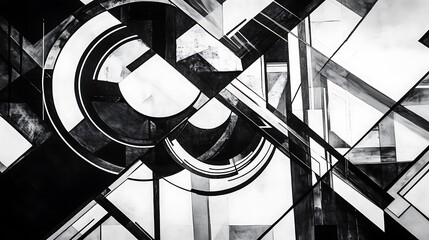 A minimalist design of overlapping shapes in black and white, including circles, lines, and triangles, forming a complex pattern with stark contrasts