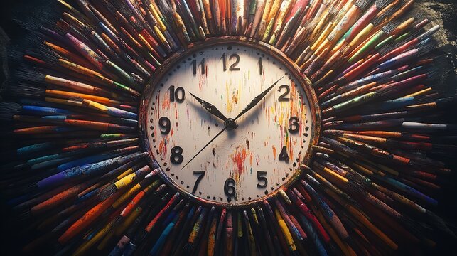 A Giant Artistic Clock Where the Hands are Made of Flowing Colors and Abstract Shapes