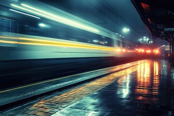 Fototapeta premium A speeding train on a wet platform. This image is perfect for representing the fast-paced nature of travel and the hustle and bustle of city life.