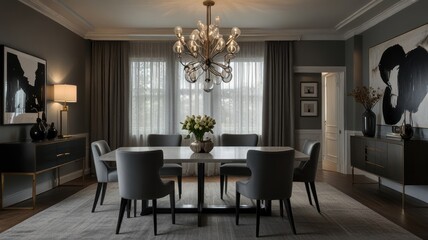 a modern and luxurious dining room with a dark and dramatic color palette. The walls are painted a deep gray, creating a sophisticated and intimate atmosphere.