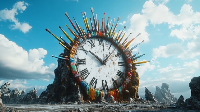 A Giant Artistic Clock Where the Hands are Made of Flowing Colors and Abstract Shapes