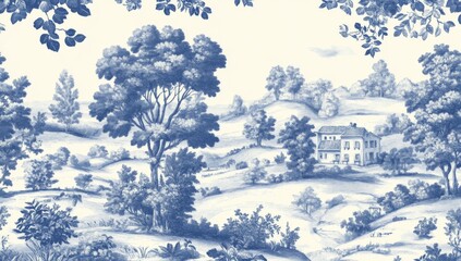 Exquisite pastoral patterns with floral motifs in blue toile.