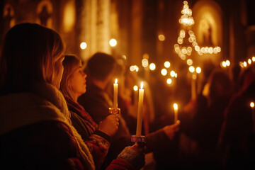 People holding candles during a Christmas Eve church service