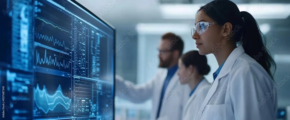 Poster A team of three scientists in lab coats review data on a large screen, focusing on graphs and charts.