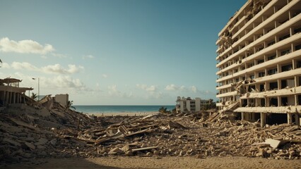 Collapsed beachfront hotel building with extensive debris and destruction after a natural disaster	