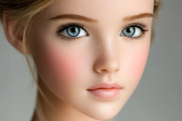 Fototapeta premium Serene Beauty: Close-up portrait of a young woman with captivating blue eyes and delicate features. A dreamy, ethereal image perfect for beauty, fashion, and cosmetics.