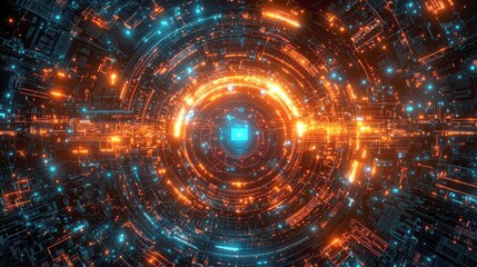 Obraz premium Abstract futuristic digital background with glowing orange and blue neon lights.