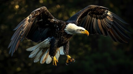 Obraz premium A majestic bald eagle flying gracefully with its wings spread wide capturing the beauty of detailed feather patterns in mid air emphasizing its powerful presence in the natural environment