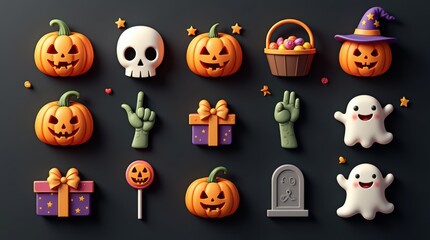 3D illustration of a collection of cute, colorful Halloween icons, each neatly arranged in a grid on a dark background. The icons include a pumpkin with a witch hat, a white skull, a jack-o'-lantern, 