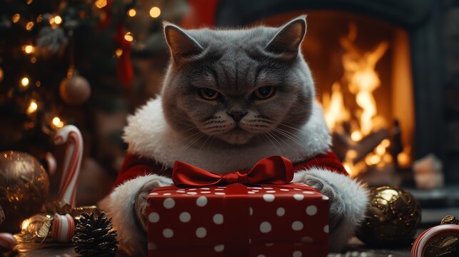 A grey cat with a stern expression dressed in a Santa outfit sits in front of a cozy fireplace, holding a red gift box with white polka dots.
