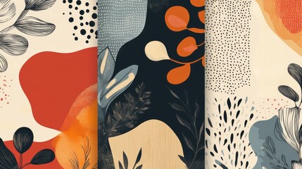 Illustration of customizable designs featuring trendy geometric shapes textures strokes and elements of abstract and floral decor Vector graphic representation