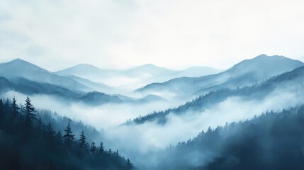 Obraz premium Mountain landscape painting featuring fog and hills ideal for children s room decor