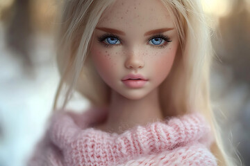 Fototapeta premium Blond Doll in Pink Sweater: A captivating portrait of a porcelain doll with long blonde hair, striking blue eyes, and delicate freckles, wearing a soft pink knitted sweater.