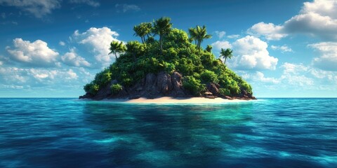 Fototapeta premium Stunning tropical island featuring a serene beach and sea, perfect for showcasing vacation themes and providing ample copy space