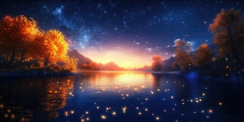 A captivating view of a shimmering, warm lake with sparkling waters, A stunning view of a radiant lake with glistening water