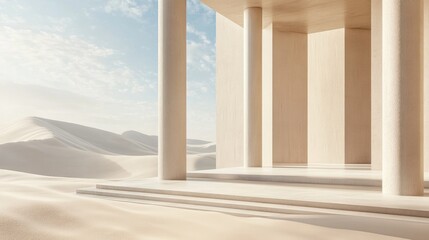 Elegant minimalist podium featuring architectural columns set against sand dunes 3D rendering of a cosmetic display background