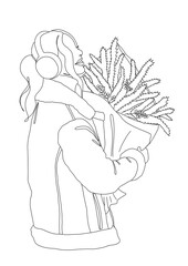 Female in a winter coat with fur trim and earmuffs holding a small, decorated Christmas tree bouquet continuous line illustration. Design for winter holidays cards, labels, backgrounds, etc