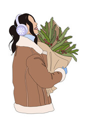 Female in a winter coat with white fur trim, purple earmuffs and holding a small, decorated Christmas tree bouquet illustration. Design for winter holidays