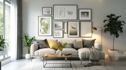 Fototapeta premium A gray sofa sits comfortably in a cozy family lounge, its soft cushions inviting relaxation. The soothing ambiance is enhanced by the elegant light from the wall sconces, creating a warm, welcoming sp