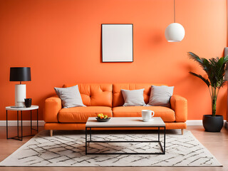 Stylish sofa and coffee table in room with orange walls. Interior design