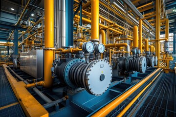 Industrial machinery and pipes in a factory. This photo is ideal for illustrating concepts related to manufacturing, energy, and industry.