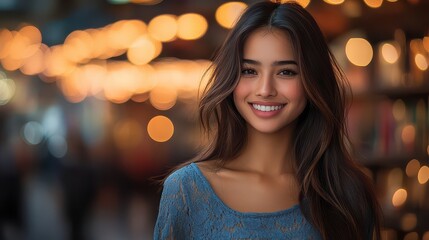 Smiling young Asian woman outdoors in a festive setting