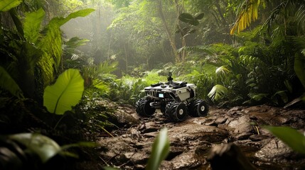 A robotic explorer navigating through a dense jungle to study wildlife, exotic flora and fauna, Wildlife conservation style