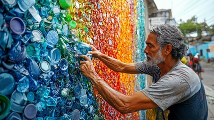 An elderly man with a white beard adds a blue plastic bottle cap to a mosaic wall made of recycled plastic bottles.