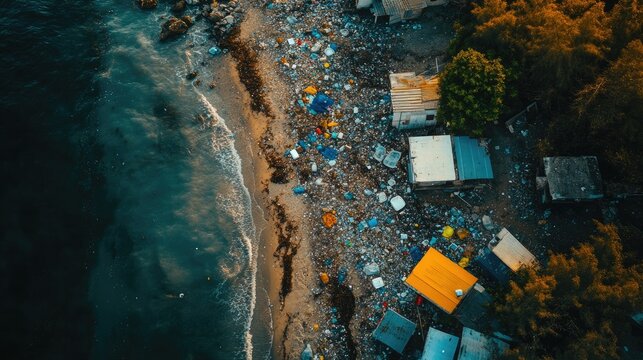 drone view of dirty beach with used plastic bottle and plastic waste up on Beach ,generative ai