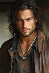 Portrait of a man with long hair wearing a leather jacket