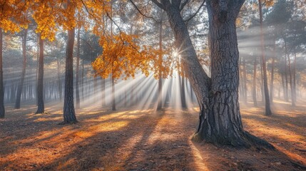 Fototapeta premium beautiful rays of sunlight through trunk in the morning in forest ,generative ai