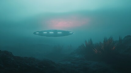 Beneath a surreal sky of swirling colors, a spaceship lands on an alien world, illuminating glowing plants and casting enigmatic shadows across the terrain. Generative AI