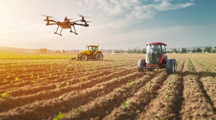 A robotic farmer harvesting crops in a large field, tractors and drones in the background, Agricultural style