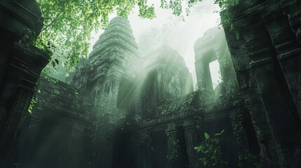 Obraz premium Amidst the dense jungle, ancient stone structures stand shrouded in mystery, bathed in sunlight that pierces through the lush canopy, creating an enchanting atmosphere. Generative AI