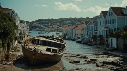Abandoned boats stranded in a dried-up canal beside damaged coastal houses	