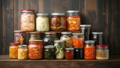 Assortment of Fermented Foods in Jars.
