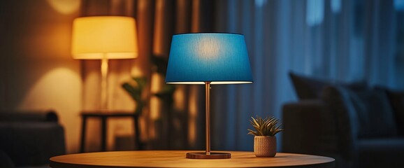 Obraz premium Blue lampshade on a wooden table with blurred background.