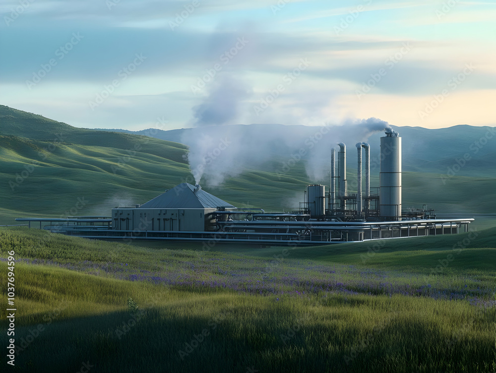 Wall mural renewable energy - industrial facility emitting steam, set against rolling green hills under a clear