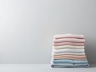 Stack of neatly folded clothes in pastel colors including jeans, shirts and sweaters on a plain...