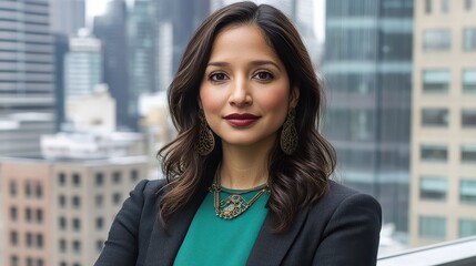 Confident businesswoman posing with city skyline in the background