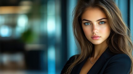 Obraz premium Portrait of a confident young woman with long hair, wearing a black blazer, standing in a modern office environment