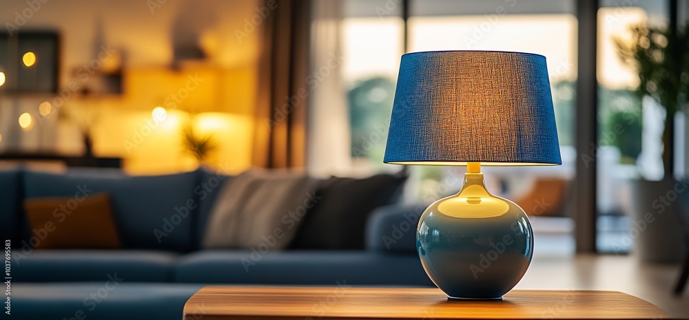 Poster Close up of a blue lamp with a soft yellow light on a wooden table with a blurred couch in the background.