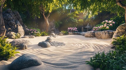 A Serene Zen Garden Where the Sand is Painted in Vibrant Colors and Intricate Patterns