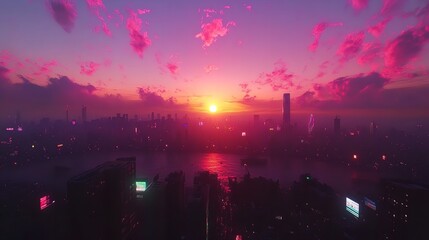 Fototapeta premium A Spectacular Sunset Over a Vibrant City with Glowing Skyscrapers for Stunning Urban Decor