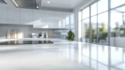 Obraz premium 3D rendering of an empty copy space on a luxurious white kitchen countertop featuring a blurred backdrop of a contemporary white kitchen design including a kitchen island and counter