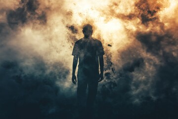 Obraz premium A mysterious silhouette of a person walks through a surreal, smoke-filled scene, evoking mystery and contemplation.
