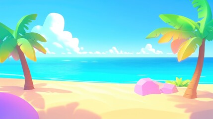 Tropical beach with soft sand and clear blue sea under a bright sky offering ample copy space